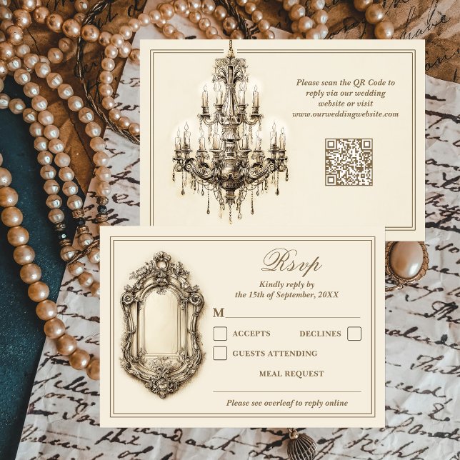 Cartão RSVP Casamento QR Code Antigo Dourado Marfim Atemporal (Criador carregado)