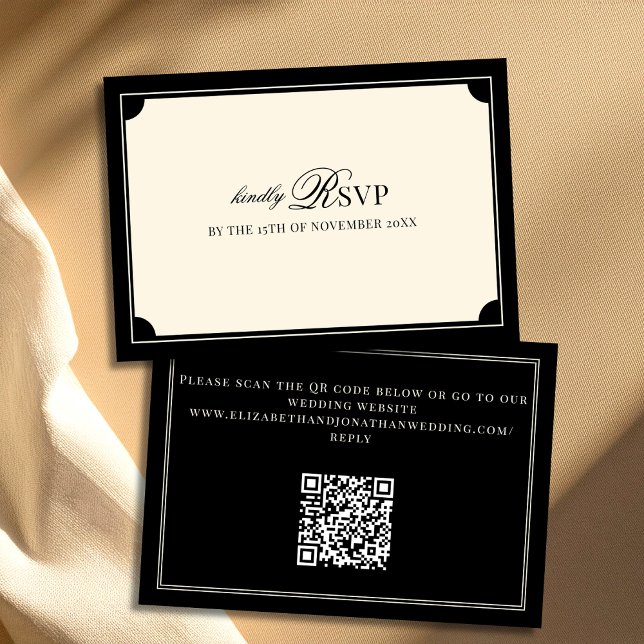 Cartão RSVP Casamento QR Code Antigo Preto e Marfim Dinheiro A (Criador carregado)