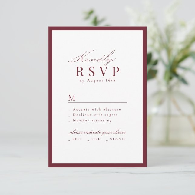 Cartão RSVP Casamento QR code Burgundy Simple Gracioso Script (Em pé/Frente)