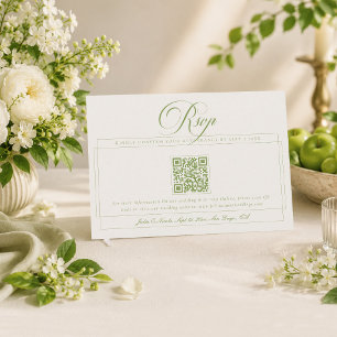 Cartão RSVP Casamento QR Code Caligrafia Marfim Verde Clássico