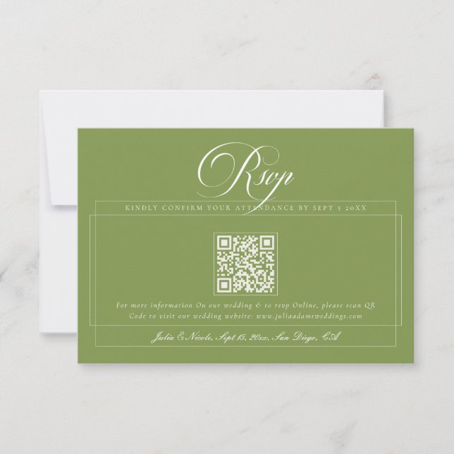 Cartão RSVP Casamento QR Code Caligrafia Marfim Verde Clássico (Frente)