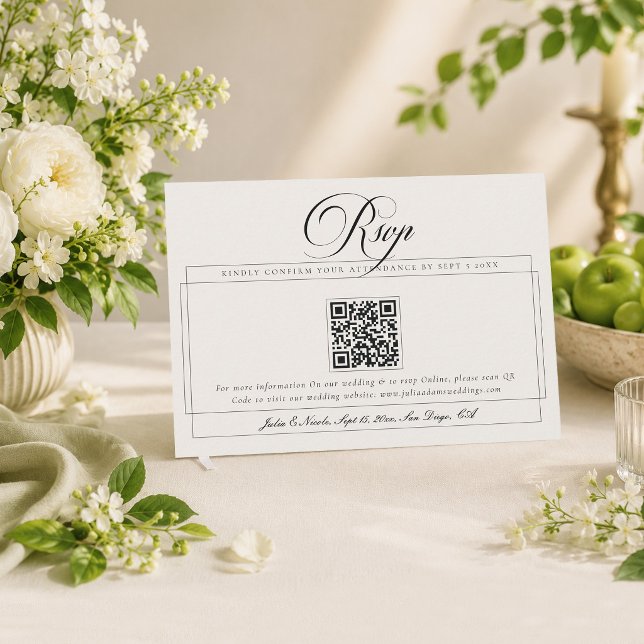 Cartão RSVP Casamento QR Code Calligraphy Marfim Preto Clássic (Criador carregado)