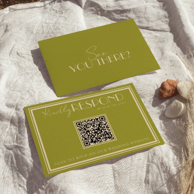 Cartão RSVP Casamento QR Code de Luxo em Verde Musgo Clássico (Criador carregado)