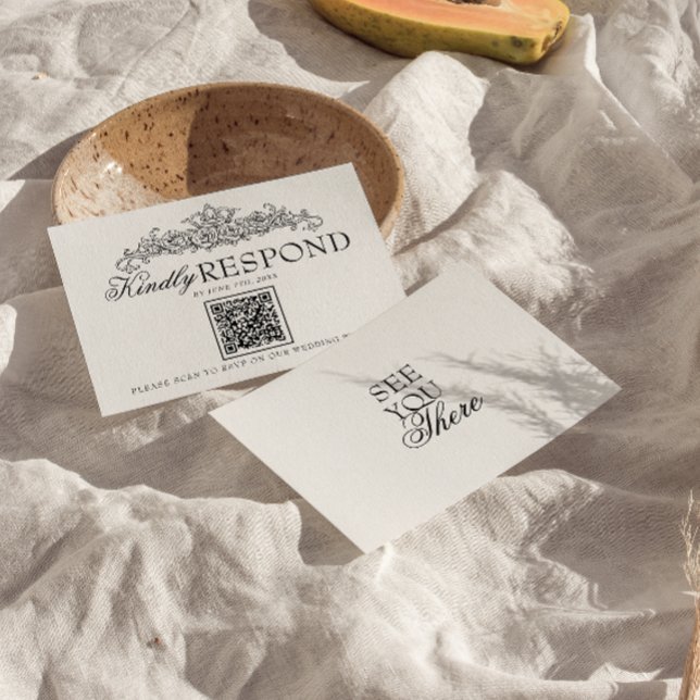 Cartão RSVP Casamento QR Code Dinheiro Antigo Preto e Branco V (Criador carregado)
