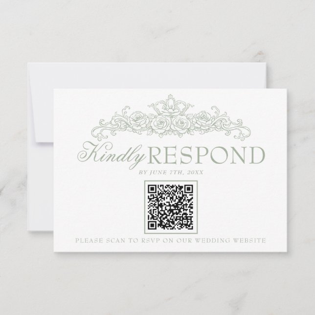 Cartão RSVP Casamento QR Code Dinheiro Antigo Verde Sage Vinta (Frente)