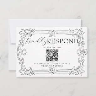 Cartão RSVP Casamento QR Code Preto e Branco Clássico Old Mone