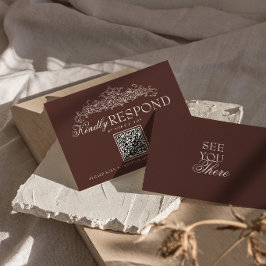 Cartão RSVP Casamento QR Code Vintage Chocolate Marrom Dinheir