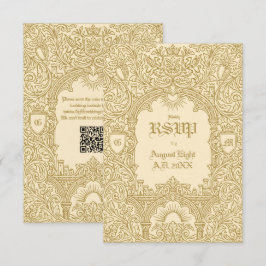 Cartão RSVP Casamento QR Monograma Dourado Real Vintage Mediev