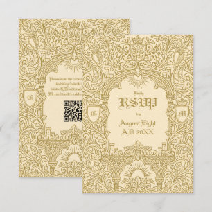 Cartão RSVP Casamento QR Monograma Dourado Real Vintage Mediev