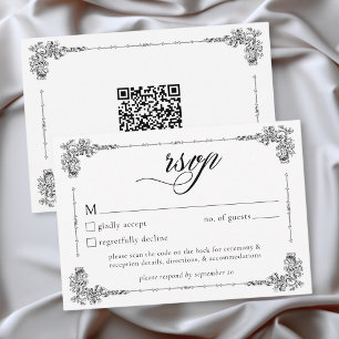 Cartão RSVP Casamento QR Preto Branco Barroco Vintage Elegante