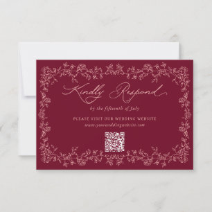 Cartão RSVP Casamento Quadro Floral de Rosas Borgonha Vintage 