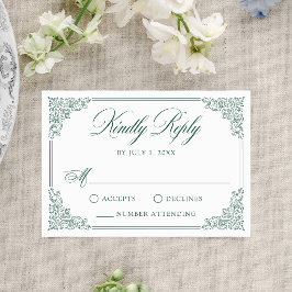 Cartão RSVP Casamento Quadro Ornado Vintage Verde Elegante