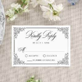 Cartão RSVP Casamento Quadro Ornato Vintage Preto Elegante