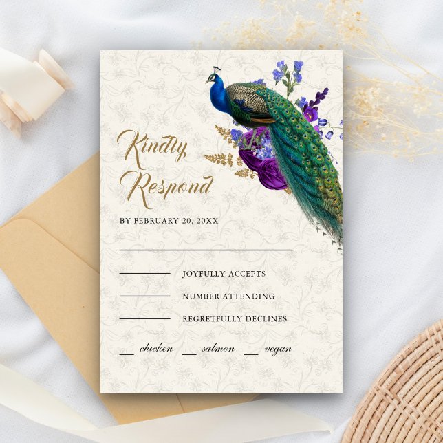 Cartão RSVP Casamento Real Azul Púrpura Floral Indiano Pavão (Criador carregado)