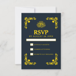 Cartão RSVP Casamento Real Contraste Meia-Noite Azul e Dourado