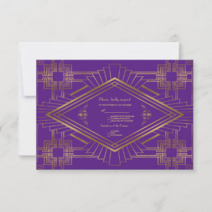 Cartão RSVP Casamento Real do Excelente Dourado Roxo Gatsby