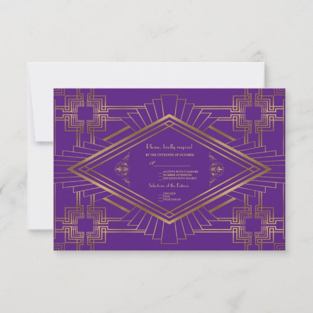 Cartão RSVP Casamento Real do Excelente Dourado Roxo Gatsby (Frente)