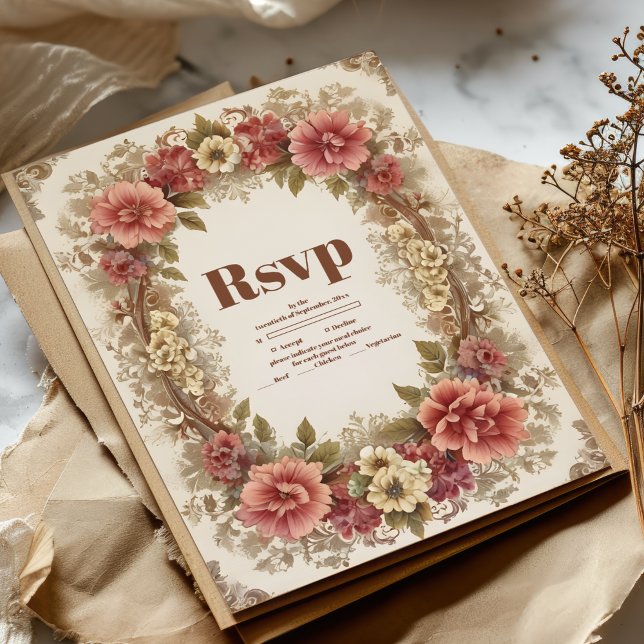 Cartão RSVP Casamento Real Victorian Floral Ornaments (Criador carregado)