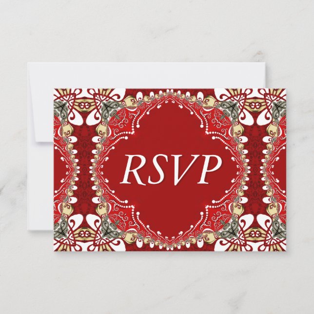 Cartão RSVP Casamento Red Bohemian Batik (Frente)