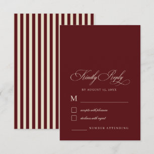 Cartão RSVP Casamento Retro de Listras Marfim e Borgonha Old M