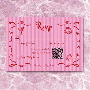 Cartão RSVP Casamento Retro-Mão Cor-de-rosa-rosa-Stripe Vermel