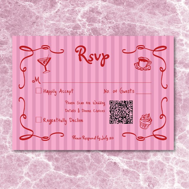 Cartão RSVP Casamento Retro-Mão Cor-de-rosa-rosa-Stripe Vermel (Whimsical Retro Hand Drawn Pink Red Stripe Wedding RSVP Card)