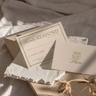 Cartão RSVP Casamento Retro Olive Verde Bege Boho Old Money