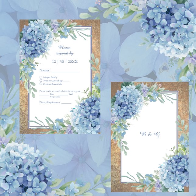 Cartão RSVP Casamento Romântico Blue Hydrangea Monograma (Criador carregado)