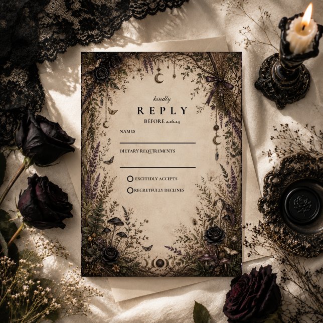 Cartão RSVP Casamento Romântico Boho Góthico (Criador carregado)