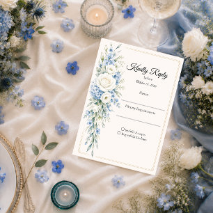Cartão RSVP Casamento Romântico com Floral Azul Poético Elegan