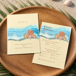 Cartão RSVP Casamento Romântico com Onda do Oceano Azul e Conc