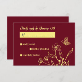 Cartão RSVP Casamento romântico de burgundy com flor de ouro e