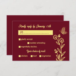 Cartão RSVP Casamento romântico de burgundy com flor de ouro e