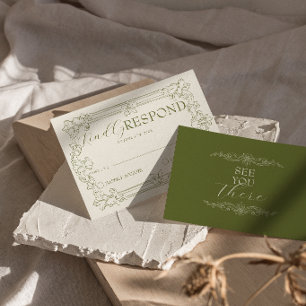 Cartão RSVP Casamento Romântico de Dinheiro Antigo em Verde Ol