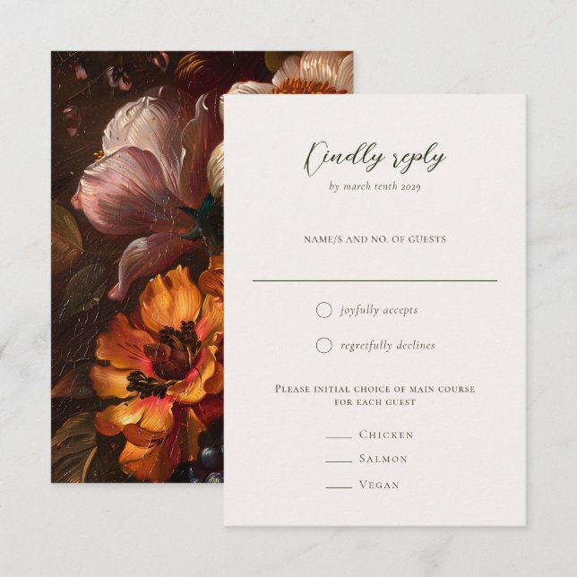 Cartão RSVP Casamento Romântico de Pintura Floral Barroca (Frente/Verso)