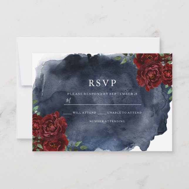 Cartão RSVP Casamento Romântico de Rosas vermelhas e Marinhos (Frente)