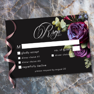 Cartão RSVP Casamento Romântico Floral Escuro Burgundy Sombrio