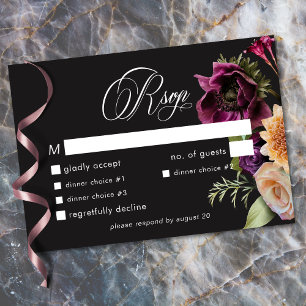 Cartão RSVP Casamento Romântico Floral Escuro Burgundy Sombrio