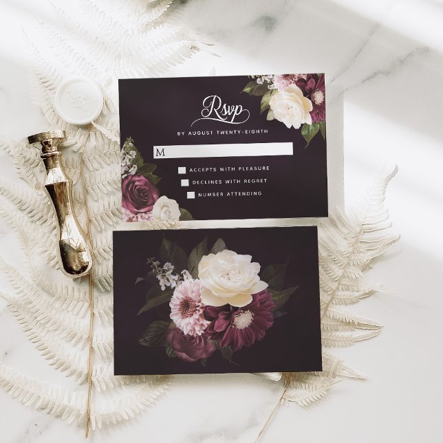 Cartão RSVP Casamento Romântico Floral Negro (Criador carregado)