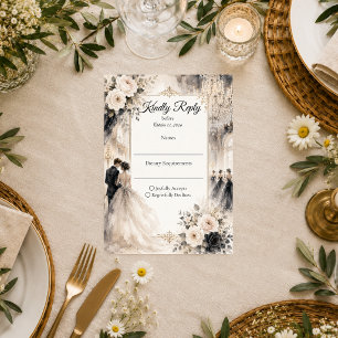 Cartão RSVP Casamento Romântico no Salão de Baile Luxuoso