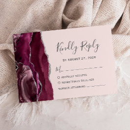 Cartão RSVP Casamento Rosa Bege Ágata Prata Burgundy Moderno