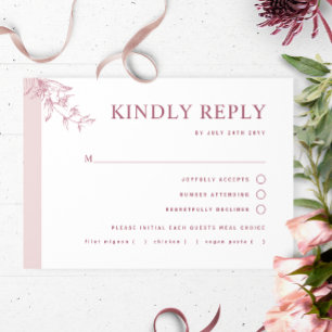 Cartão RSVP Casamento Rosa Elegante Com/Sem Refeição