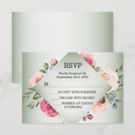 Cartão RSVP Casamento Rosa Floral Rústico Geométrico Verde