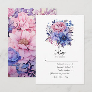 Cartão RSVP Casamento Rosa Pétala, Azul Centáurea e Roxo Malva