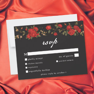 Cartão RSVP Casamento Rosa Vermelho Gótico Até que a Morte Nos