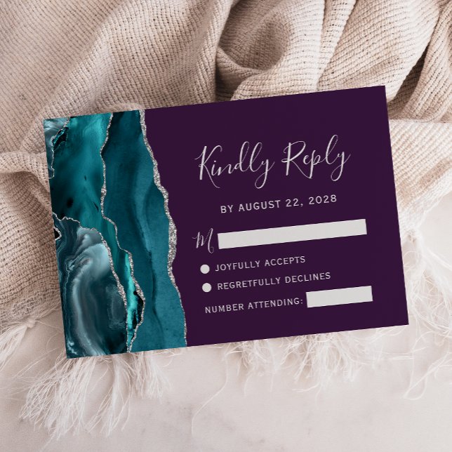 Cartão RSVP Casamento Roxo de Agato de Teal Silver (Criador carregado)