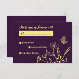 Cartão RSVP Casamento roxo de flor de ouro elegante romântico