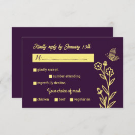 Cartão RSVP Casamento roxo de flor de ouro elegante romântico