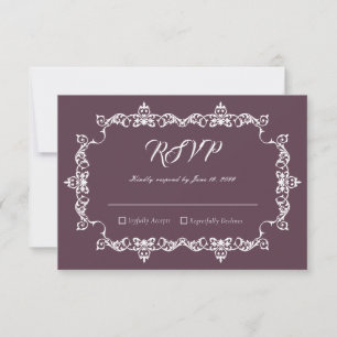 Cartão RSVP Casamento Roxo Veludo Clássico com Moldura Ornamen