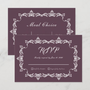Cartão RSVP Casamento Roxo Veludo Clássico com Moldura Ornamen